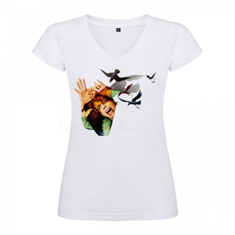 T-Shirt Les oiseaux - The Birds - col V femme blanc