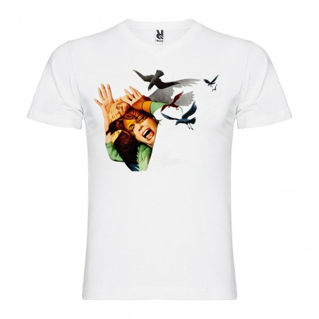 T-Shirt Les oiseaux - The Birds - col v homme blanc