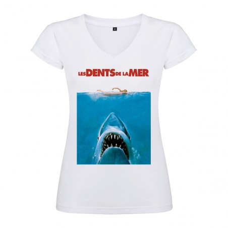 T-Shirt Jaws / Les dents de la mer - col V femme blanc