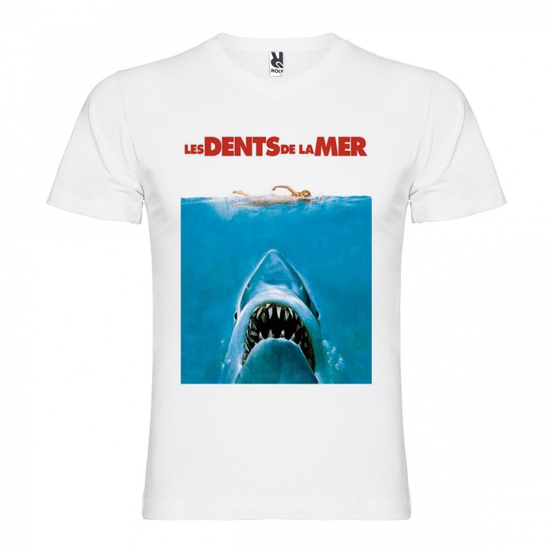 T-Shirt Jaws / Les dents de la mer - col v homme blanc