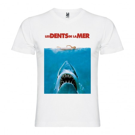 T-Shirt Jaws / Les dents de la mer - col v homme blanc